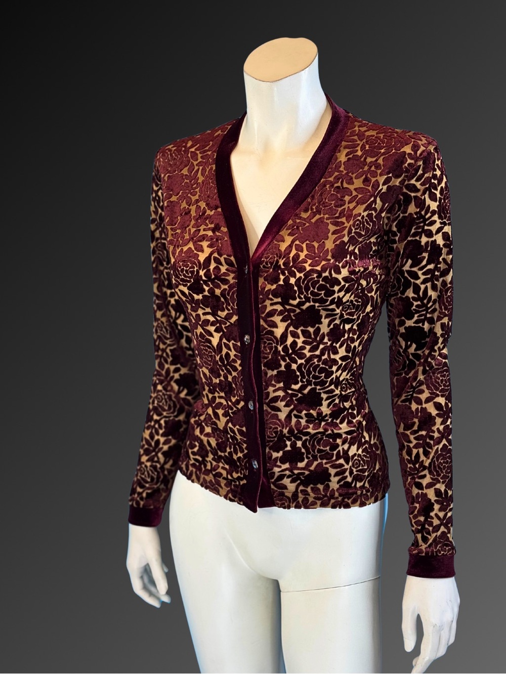 90s Burgundy Velvet Burnout Romantic Gothic Floral Devore Cardigan | XS S - Picture 4 of 11
